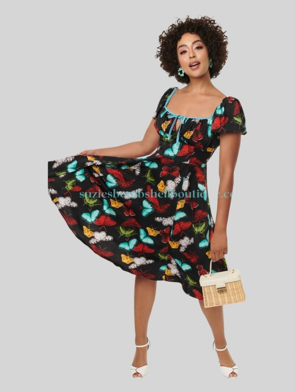 Unique Vintage Midi Fit & Flare Dress 2X/18 Black Multi Butterfly Milkmaid Retro